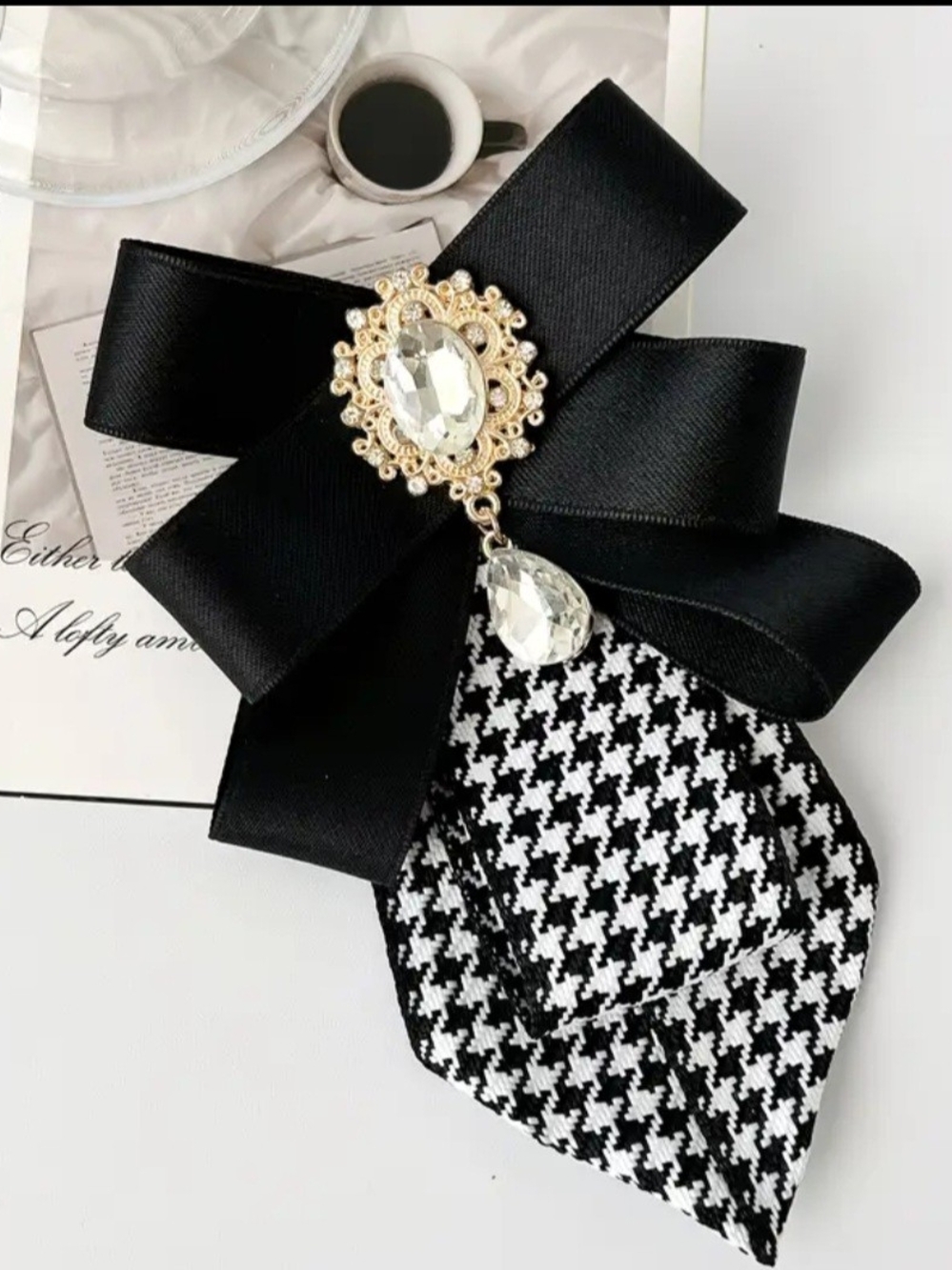 Black & Houndstooth Bow Neck Brooch with Crystal Accent